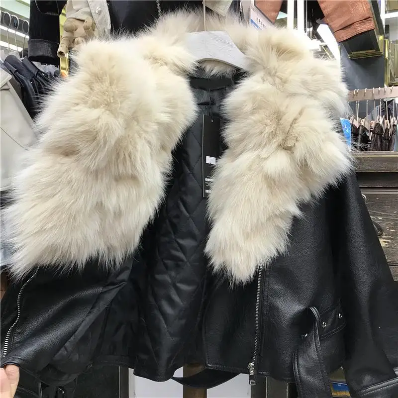 

Winter Jacket Woman Fox Fur Collar Leather Jacket Lapel Short Large Natural Fur Collar Jacket Thickened Pu Leather Jacket