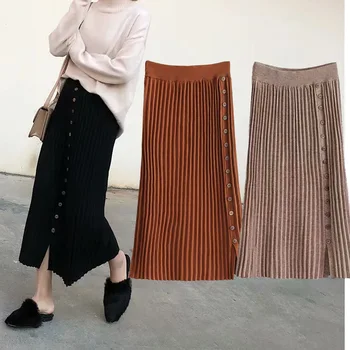 

HStar autumn winter single-breasted knit lady elastic waist stretch long sweater skirt