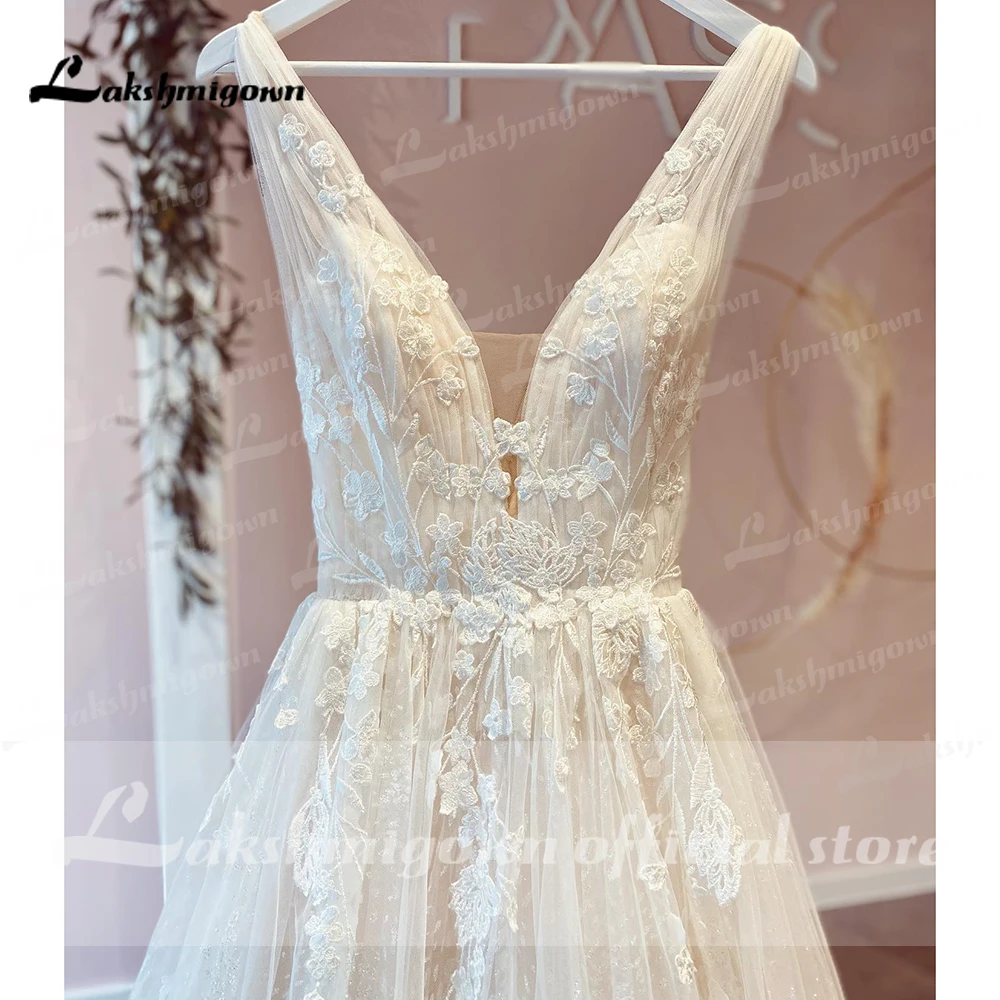 Lakshmigown Champagne V Neck Lace Appliques Wedding Dress Customized Shiny Tulle Vestidos Garden A Line Backless Bridal Gowns 4