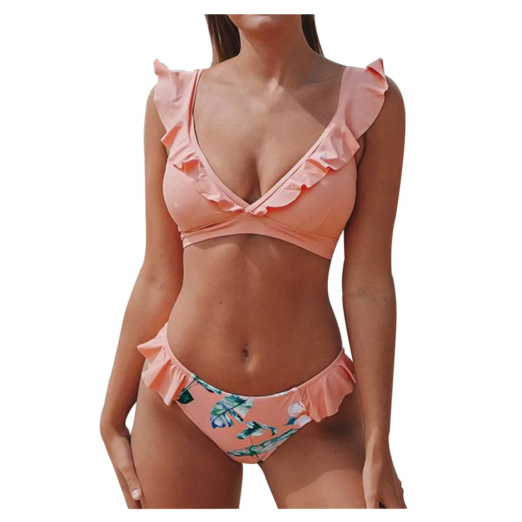 random tropical ruffle top with high waist bikini