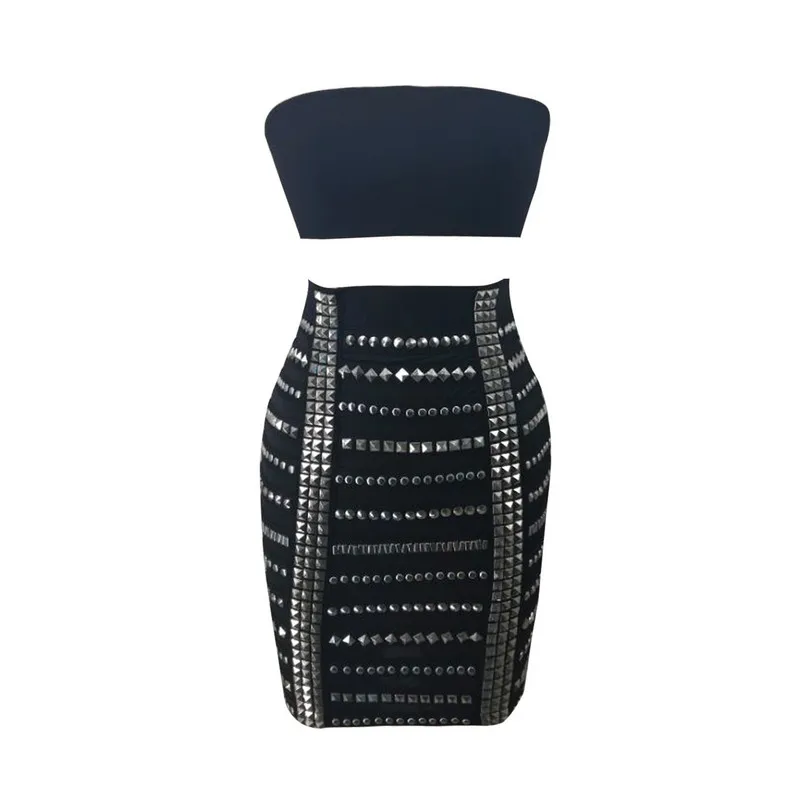 

High Quality Fashio Women Sets Strapless Beading Skirt Bandage Sets Evening Party Sets