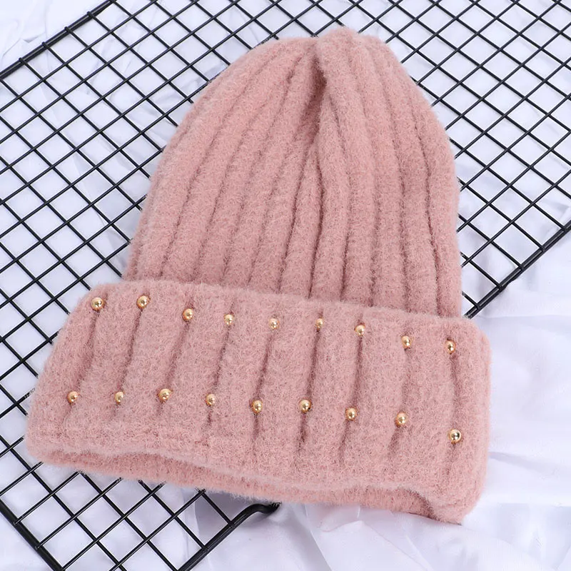 Зимняя шерстяная шапка, женские шапочки, мохеровая мягкая шапка, Женская однотонная кашемировая Повседневная вязаная шапка, Женская утолщенная теплая Элегантная шляпка Gorro - Цвет: Pink