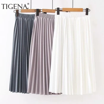 

TIGENA New Simple Style Long Pleated Skirt Women Fashion 2020 Spring Korean A Line High Waist Pleated Long Skirt Female School