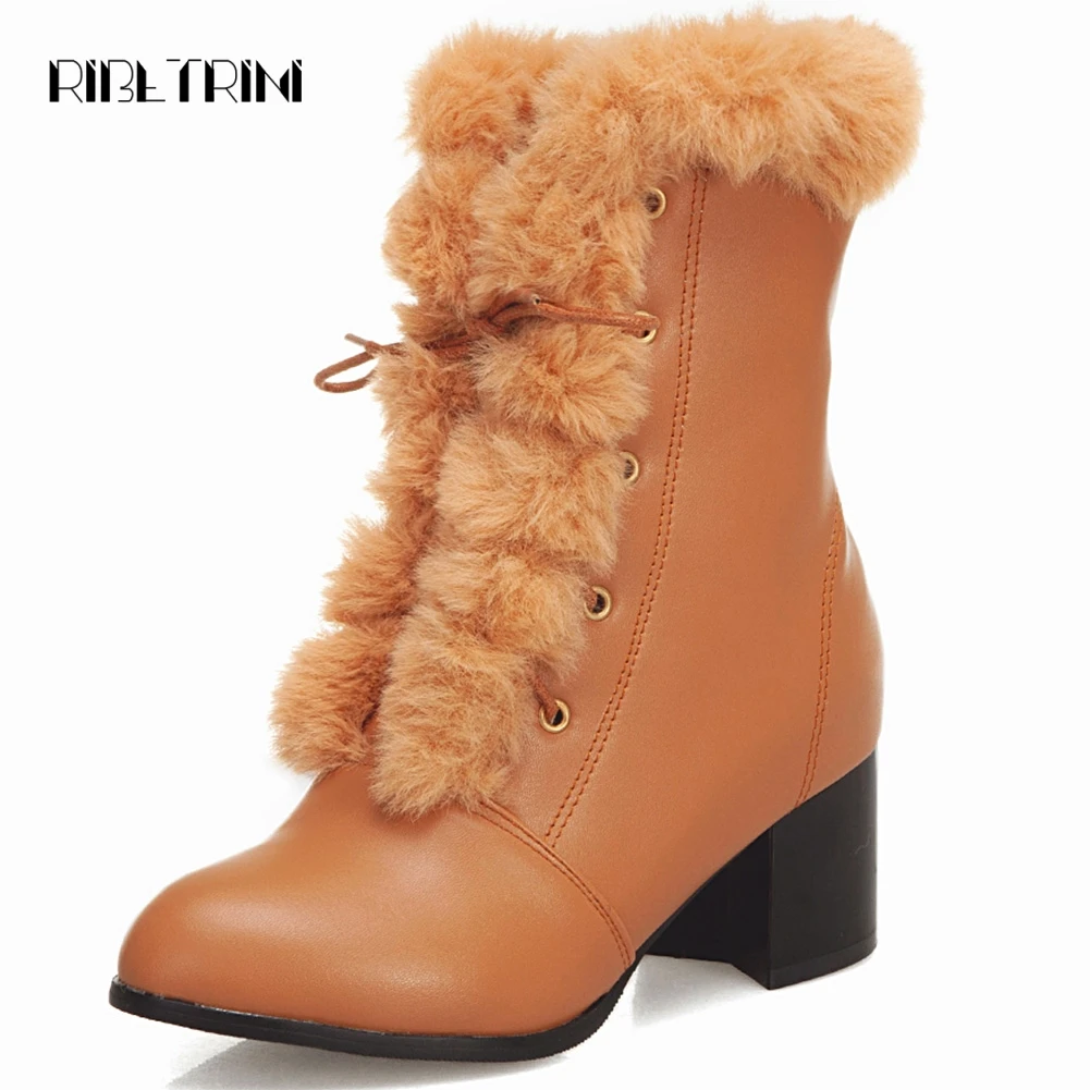 

RIBETRINI Women Mid Calf Boots 2019 Warm Fur Shoes Woman Chunky High Heel Boots Lace Up Combat Boots Snow Boots Big Size