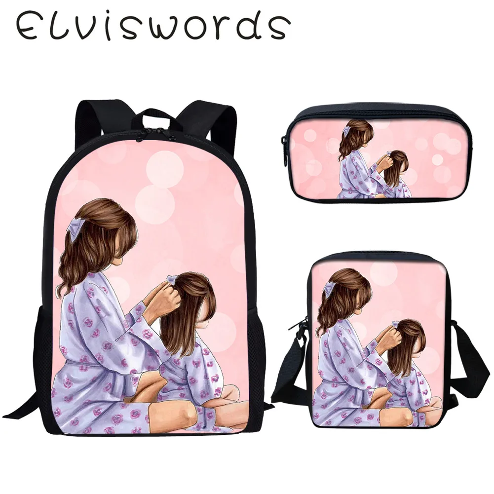 ELVISWORDS Детский Школьный Рюкзак Kawaii Super mama для девочек с рисунком, школьные сумки для книг с героями мультфильмов, комплект из 3 предметов, школьные сумки Harajuku
