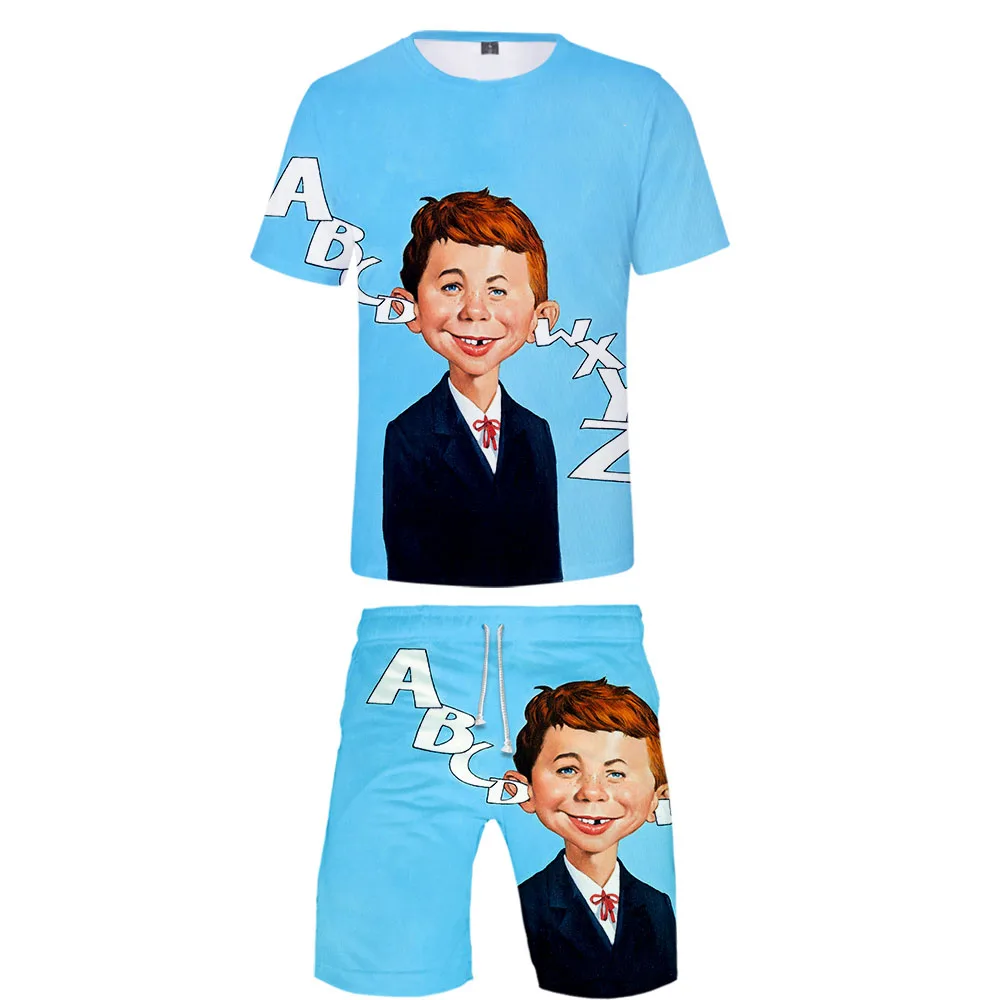 3D крутой модный стиль MAD magazine 3D верхняя одежда Harajuku уличная комплект из двух предметов летняя футболка с круглым вырезом+ шорты мужские комплекты харадзуки
