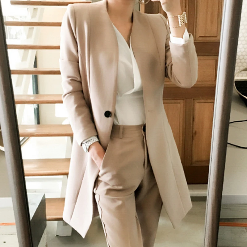 Модные комплект из двух предметов для Для женщин с v-образным вырезом с длинным рукавом Блейзер Пальто с пояс с высокой талией брюки 2019