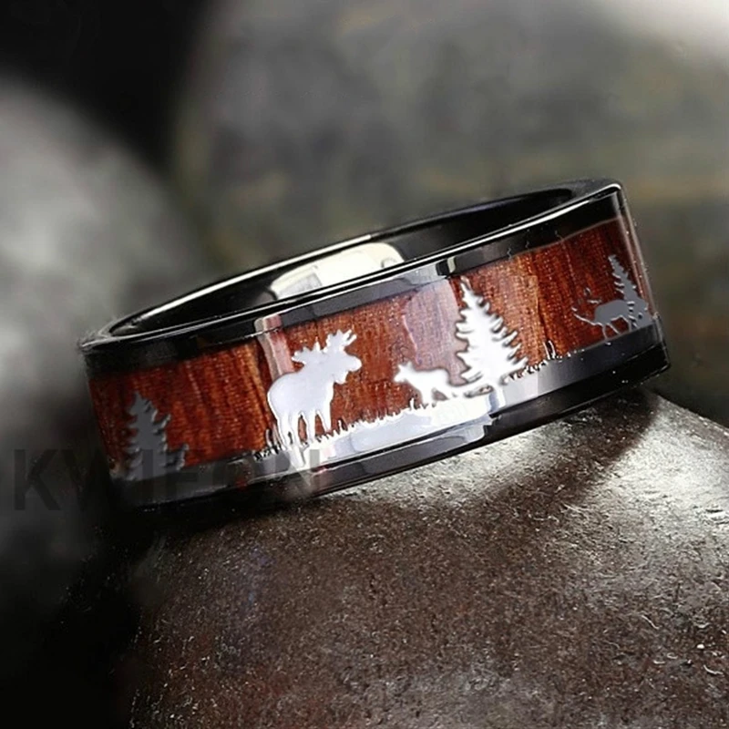 FDLK Tungsten Hunting Ring Wedding Band Wood Inlay Deer Stag Silhouette Ring finger ring,tungsten ring,wedding rings,wedding ring,animal ring