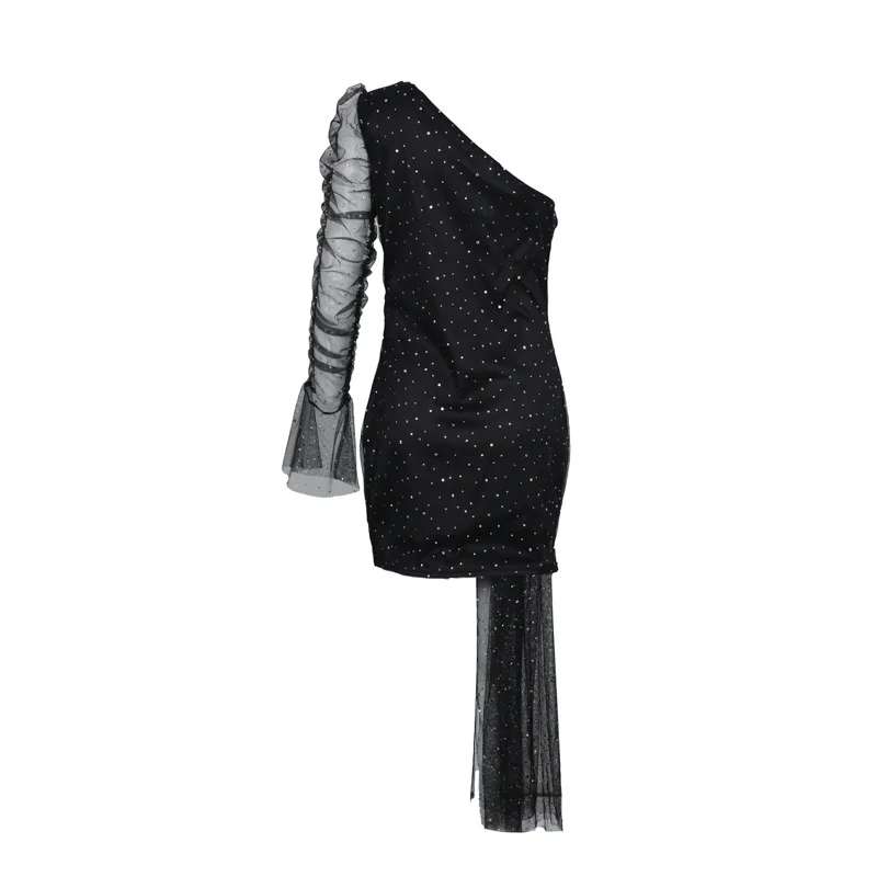 Блестящее прозрачное Сетчатое облегающее платье Luzuzi на одно плечо с рюшами и