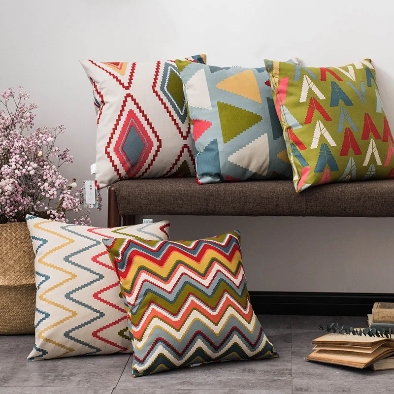

Drop Shipping Modern Geometry Pillow Cover Cotton Linen Colorful Bohemia Plaid Stripe Pillowcase Living Room Home Decoration