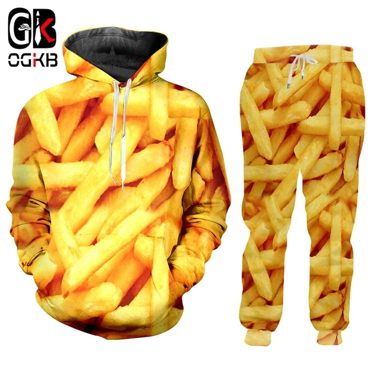 OGKB 2 Piece Set Men's Fashion Loose Food 3D Sweatpants Jacket Hoodie T-shirt Print Fries Chips Streetwear Plus Size 6XL