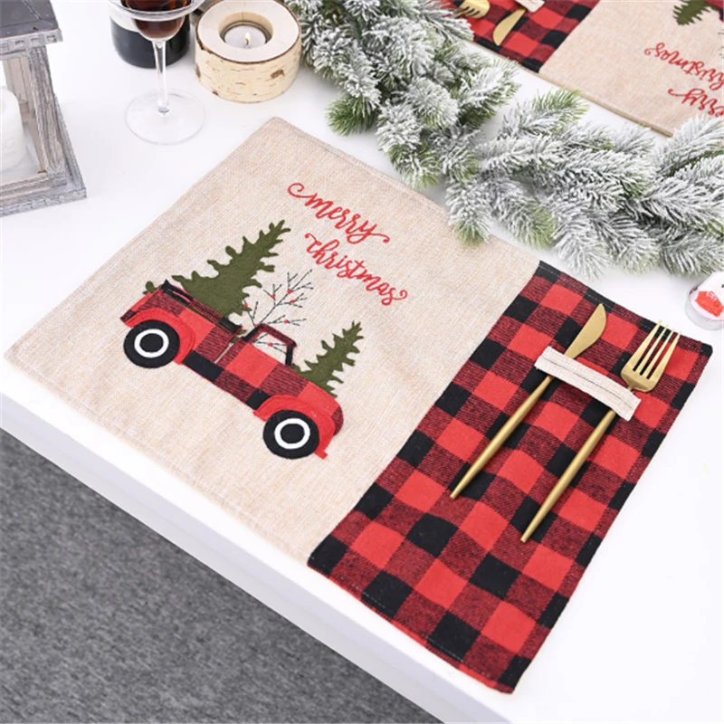 

2020 Christmas Decorations Red And Black Grid Car Christmas Tree Placemat Cartoon Tablecloth Table Mat Home Table Dress Up