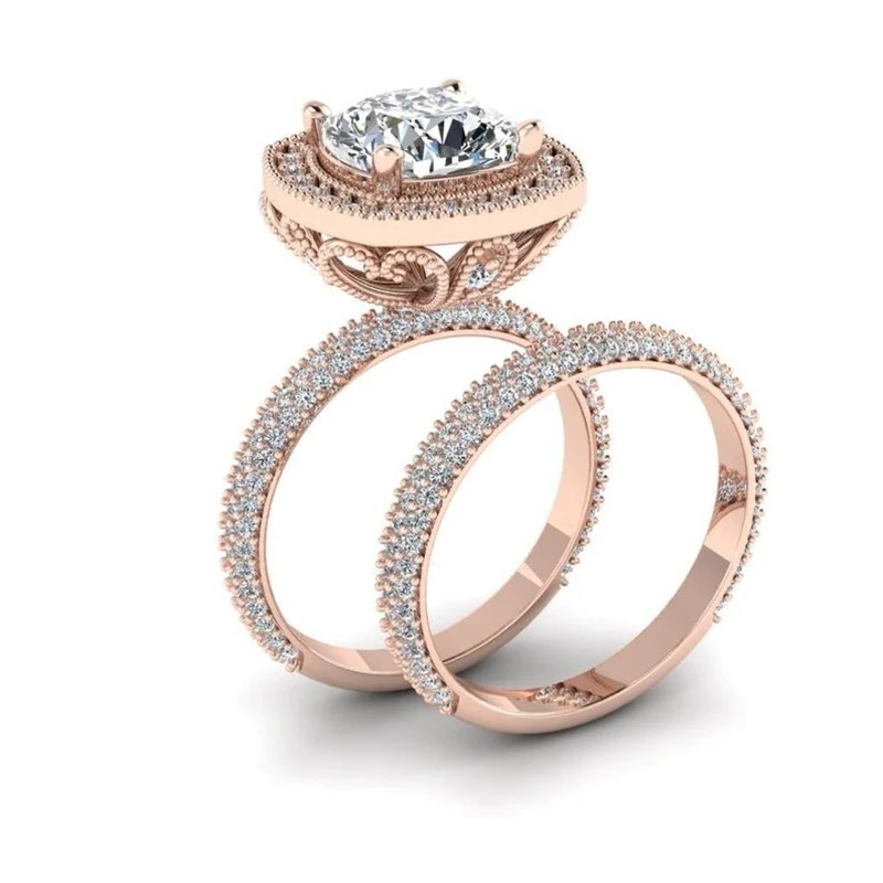 Luxury Ring Vintage White Crystal Rhinestone Ring Set For Women Accessories Anniversary Engagement Ring Jewelry Rose Gold-Color