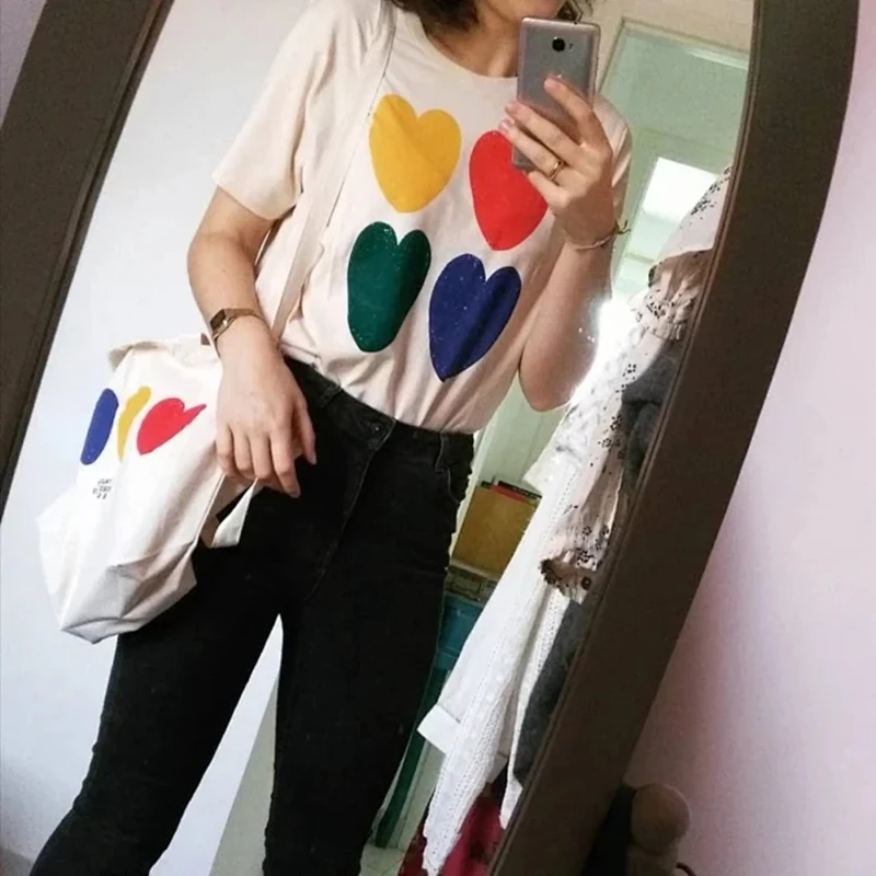 

Colorful Hearts Print 2020 New Women T-shirt Ladies O-neck Short Sleeve Tee Top Female Casual Simple T Shirts For Summer