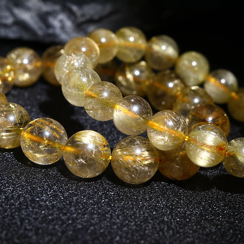 Natural Genuine Titanium Gold Hair Rutile Quartz  Stretch Bracelet Round Beads 8-14mm
