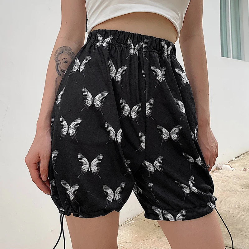 HIGAREDA Butterfly Print Casual Loose Short Pants Women Punk High Waisted Shorts Ladies Streetwear Pockets Summer