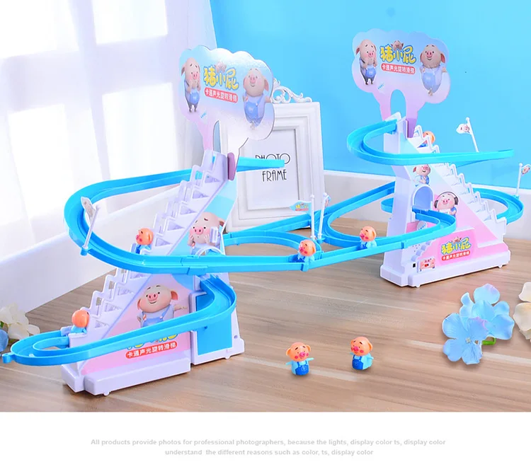 Large Size Piggy Climbing Stairs CHILDREN'S Toy Educational Penguin Slide Electric Rail Car with Music