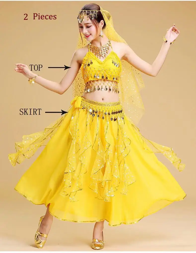 YELLOW 2 Pieces Болливуд набор костюма для танца живота Индийский танец сари танец живота юбка костюм женский шифон 5 шт.(головные уборы вуаль Топ Пояс юбка - Цвет: YELLOW 2 Pieces