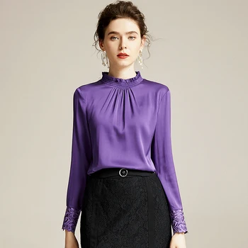 

Spring Autumn Natural Real Silk Women Tops Blouses Elegant Fashion Stand Collar Long Sleeve Embroidery Office Lady Shirt Blouse