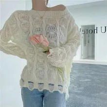

Simple Autumn Loose Twist Hole Women Sweater Blue Hollow Knitted Pullover Casual Long Sleeve Tops O-neck Sweet Jumper Tops 2021