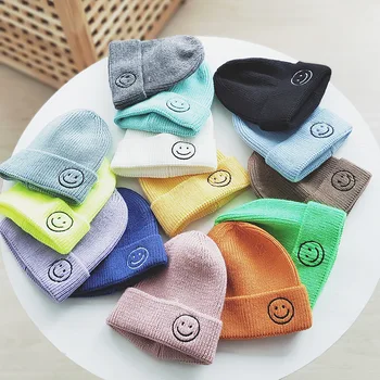 

Baby Solid Color Cartoon Smile Embroidery Knitted Hats Kids Girls Boys Autumn Winter Warm Beanies Caps