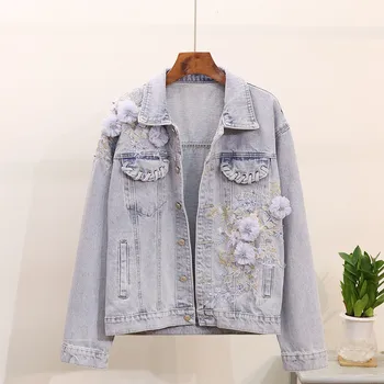 

floral embroidery chic denim jacket female long-sleeve single breasted applique light blue jacket coat woman 2019 autumn new