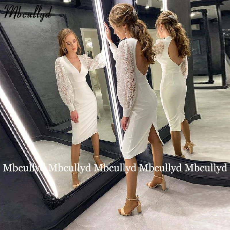 

Simple White Evening Dresses 2023 V Neck Lace Long Sleeve Prom Dress Tea Length Special Occasion Gowns Plus Size