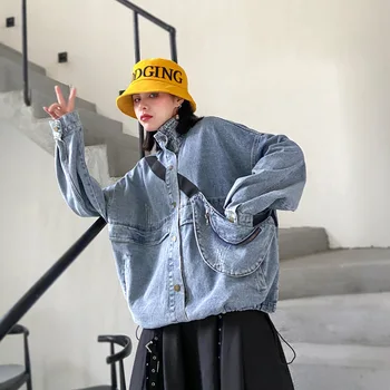 

Harajuku Coat Women Vintage Streetwear Hip Hop Pocket Loose Casual Denim Bomber Jacket Big Size Jean Cargo Jacket Outerwear