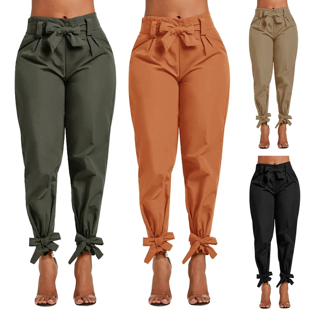 Pantalones con volantes y para mujer, pantalón informal sólido alto con cinturón, con bolsillos, con fajas, para Primavera, 2019 _ AliExpress Mobile