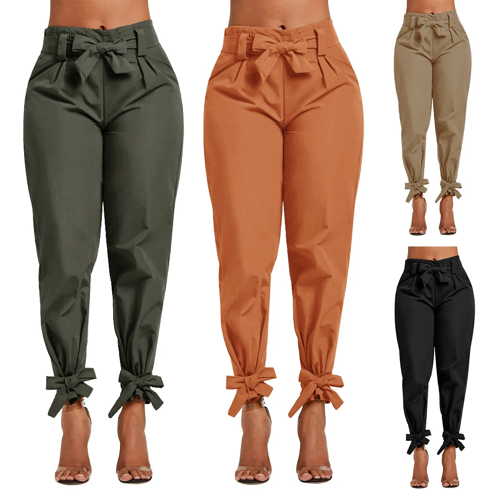 

2019 Loose Bow Tie Ruffles Women Pants Casual Solid High Waist Belt Pocket Spring Women's Trousers Female Sashes Pants Bottom