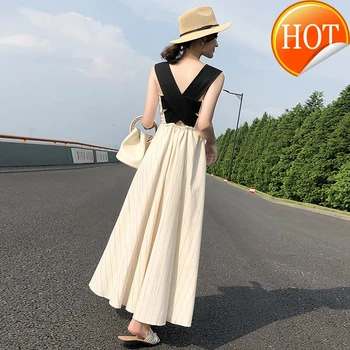 

Dress Women Stripes Cotton and Linen High Waist Retro Swing Vintage Pocket Cross Back Party Casual Dresses Lady Strappy Vestidos