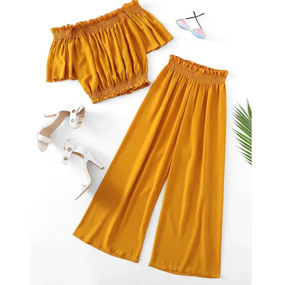 Wipalo Fashion Plus Size Women Suits Yellow Crop Top Chiffon Wide-Leg Pants Suit Off Shoulder Elegant 2 Piece Sets | Женская одежда