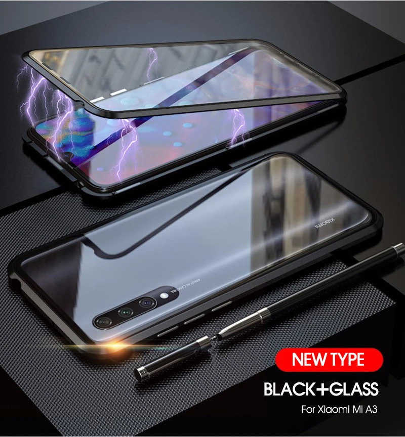 Чехол для xiaomi A3, двойное стекло в рамке, магнитный адсорбционный чехол для телефона xiaomi mi cc9e cc9, прозрачный стеклянный металлический бампер