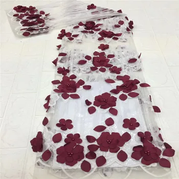 

Latest Embroidered High Quality Tulle Lace Fabric 3D with beads Nigerian Tulle Mesh Lace For Wedding Dress 5yards red