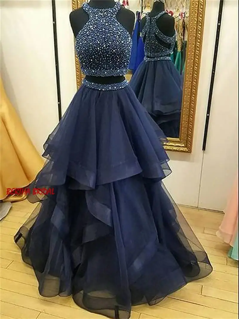 Бисероплетение Тюль из двух частей темно-синий формальное платье для выпускного вечера ТРАПЕЦИЕВИДНОЕ Вечернее Платье Vestidos De Fiesta Largos Elegantes De Gala