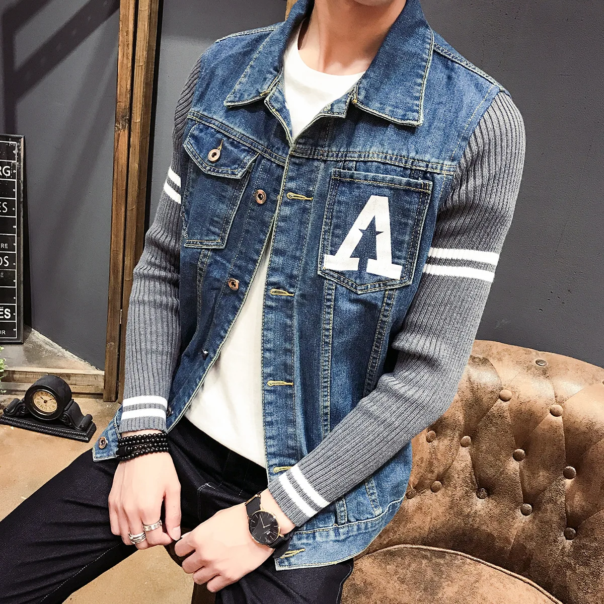 Autumn Clothing New Style Men Cowboy Jacket Printed Joint Knit Sleeve Double Bag Large Size Men'S Wear