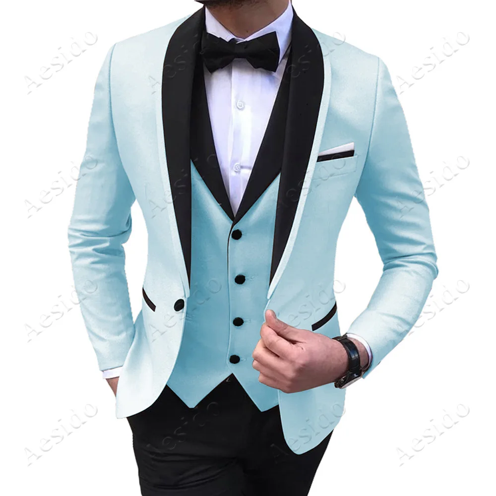 Light Blue Aesido Fashion Men's Suits Slim Fit Prom Tuxedos Shawl Lapel Blazer Vest Pants 3 Pieces Suit Set Groomsmen for Wedding - Цвет: Light Blue