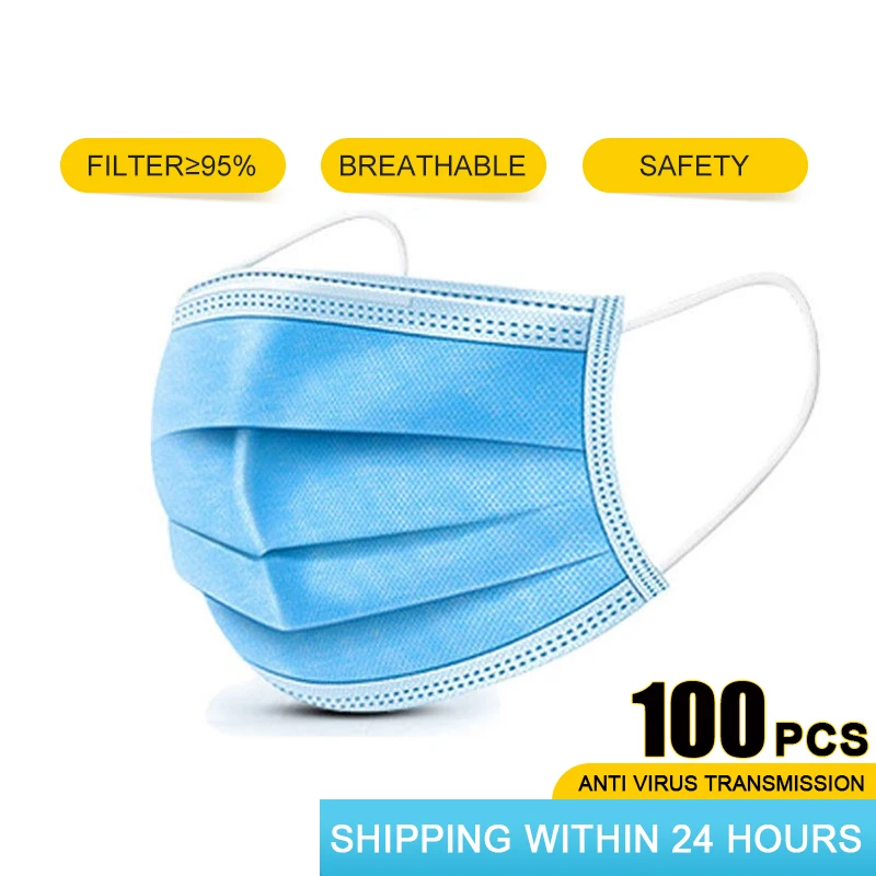 

100PCS Anti-Pollution 3 Laye Mask dust protection Masks Disposable Face Mask Elastic Ear Loop Disposable Dust Filter Safety Mask