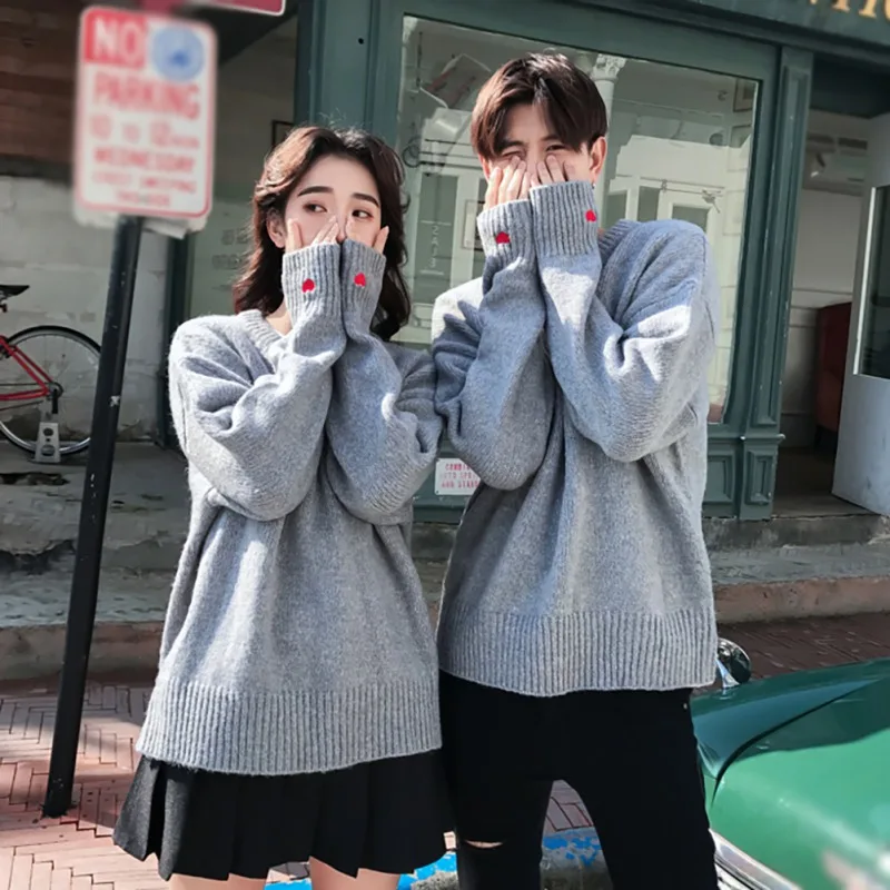 Cute Heart Shape Pattern Sweaters Casual Men Woman Thick Warm Pullovers Clothes 2019 2 Colors Knitted Couple Sweater Cute Heart Shape Pattern Sweaters Casual Men Woman Thick Warm Pullovers Clothes 2019 2 Colors Knitted Couple Sweater
