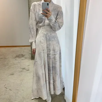 

Women 2 Piece Set Skirt Long Sleeve Single Breasted Turn Down Collar print shirt Top and High Waist Vintage chic long Skirt suit