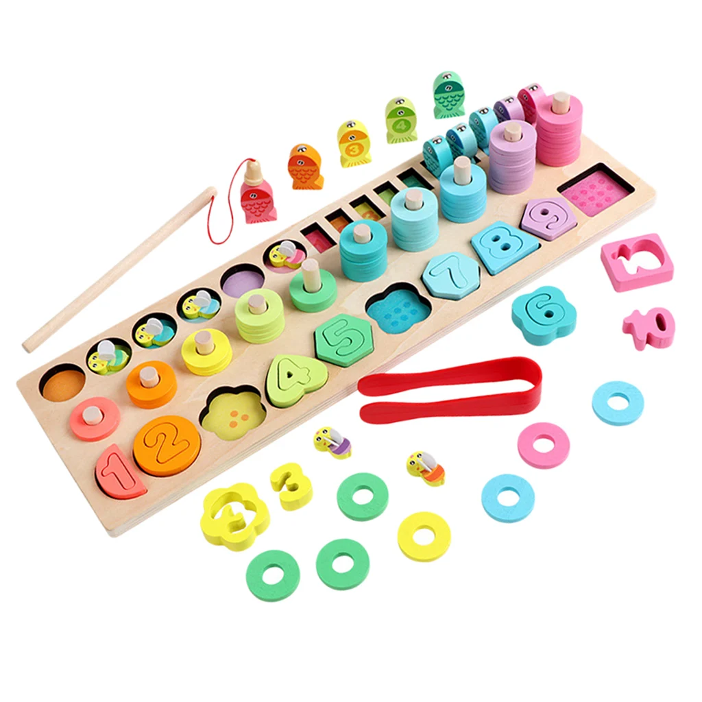 Montessori Wood Blocks Puzzle Board Game Set for Toddlers Kids Early Development, Colors & Numbers Recognition Toy, 5-IN-1