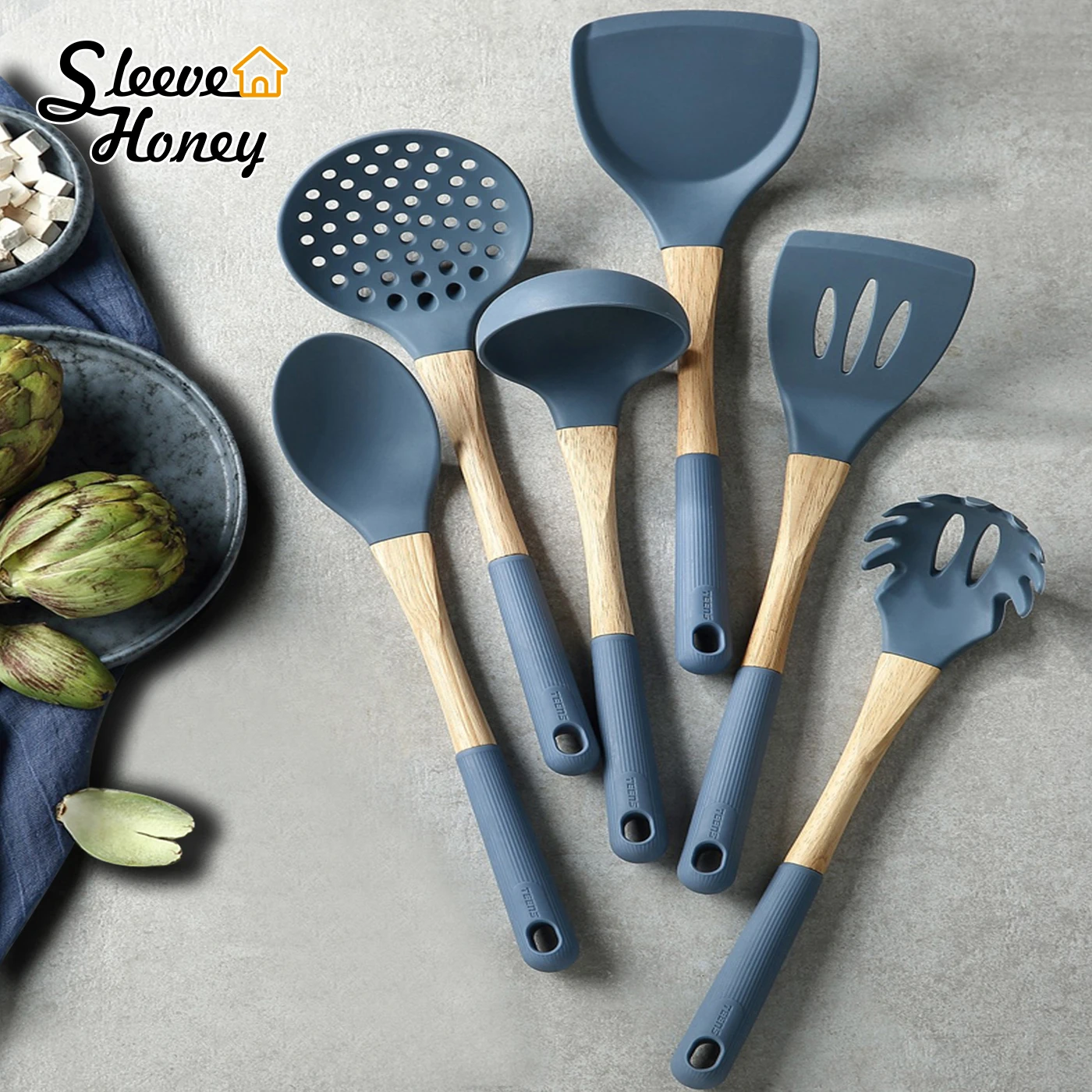 Kitchen Cooking Utensils Set Silicone Wooden Handle Spatula Flex Turner Spoon Ladle Pasta Fork Non-stick Cookware