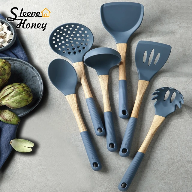 Set Kitchen Utensils Silicone Wooden Handle  Cookware Sets Kitchen Silicone  - Cooking Tool Sets - Aliexpress
