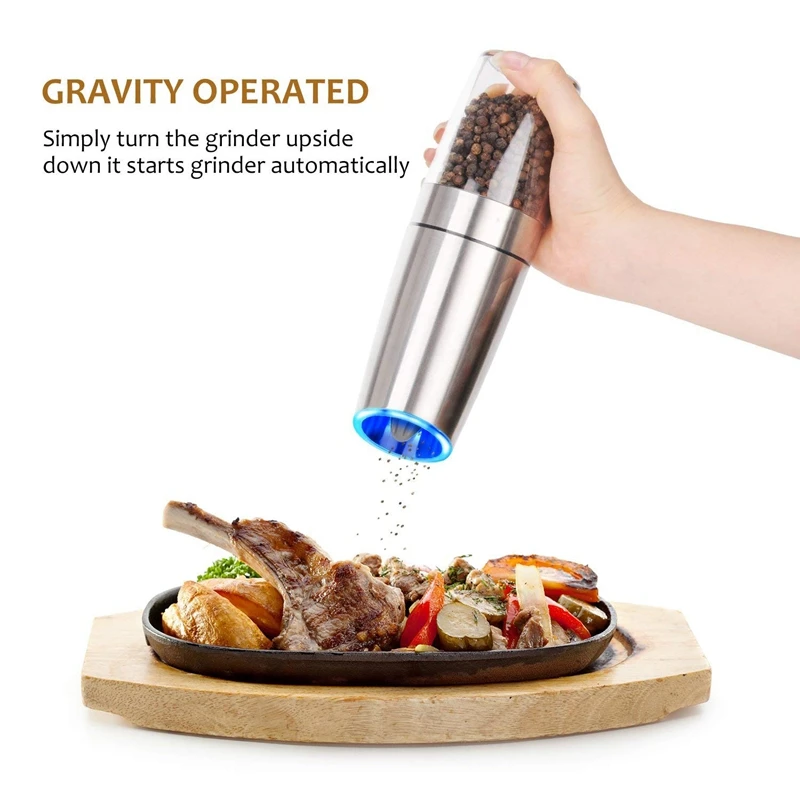 

Gravity Electric Salt And Pepper Grinders Set - Battery Operated, Stainless Steel Automatic Pepper Mills With Blue Led Light