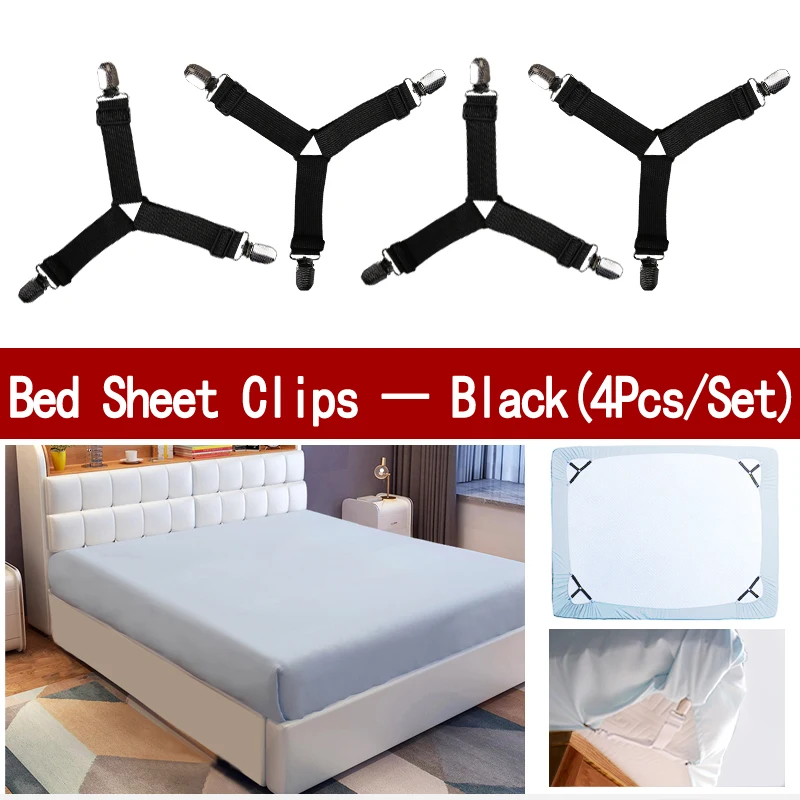 4Pcs/Set Bed Sheet Clip Bed Sheet Belt Fastener Mattress  Elastic Non Slip Nylon Clips Bed Tidy Blanket Gripper White and Black