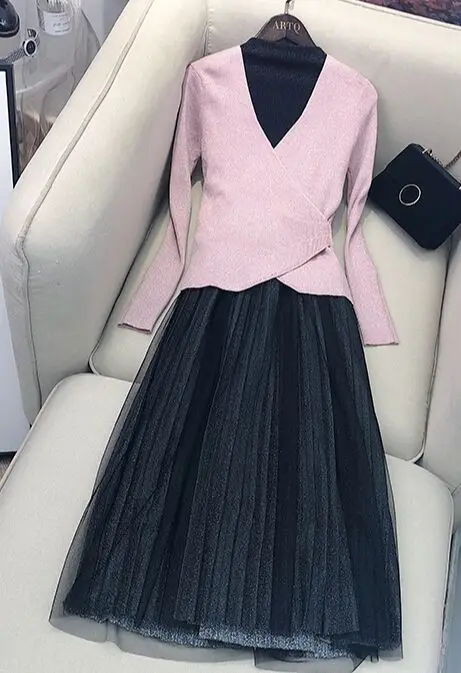 Amolapha женское платье с v-образным вырезом, блестящий вязаный джемпер, топы, свитер+ Сетчатое лоскутное платье-жилет, комплект одежды из двух предметов, вязаный костюм - Цвет: Розовый