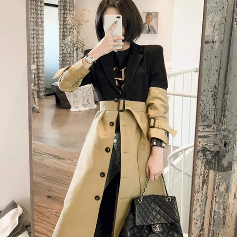 

2019 Autumn Winter New Women‘s Contrast Color Patchwork Long Sleeves Windbreaker Coat Korean Style Fashion Belt Notched OL Women's Long Windbreaker Coat Vestidos