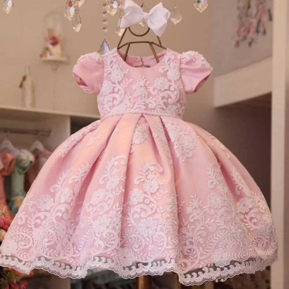Кружевное бальное платье; Платья с цветочным узором для девочек на свадьбу; пышные платья с короткими рукавами и аппликацией для маленьких девочек; платья для первого причастия с жемчугом