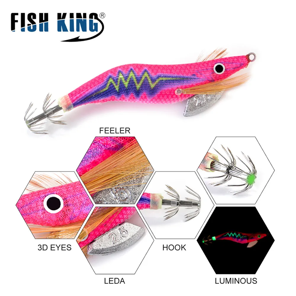 FISH KING 8/11.5/14/19.5g Hard Bait Luminous Squid Jig Sea Fishing Lure 2.0/2.5/3.0/3.5# Shrimp Cuttlefish Squid Hook Rig