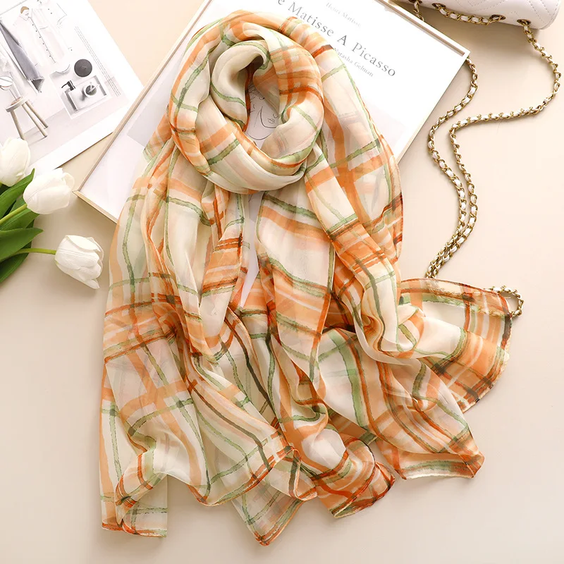 Simple Plaid Silk Scarf Women Casual Shawls and Wraps Lady Travel Sunscreen Pashmina Large Long Foulard Thin Blanket Hijab Femme
